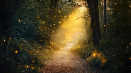 Poster - A magical forest path illuminated by soft golden light and shimmering fireflies, creating a serene and enchanting atmosphere.