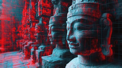 Poster - A stunning artistic interpretation of ancient statues, showcasing intricate details and vibrant colors in a mystical setting.