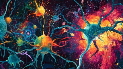 Poster - Vibrant Neural Network, Brain Cells, Colorful Science