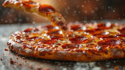 Delicious Homemade Pepperoni Pizza With Stringy Cheese and Falling Ingredients, Food Photography