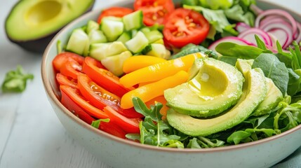 A vibrant salad bowl filled with a variety of textures like crunchy vegetables and creamy avocado, illustrating a diet routine that is both nutritious and satisfying