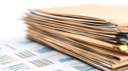 Poster - A stack of neatly arranged business reports and documents containing various charts graphs and analytical data isolated against a clean white background for a professional corporate