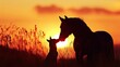 © Theeranan - Dog and horse sharing a tender moment at dusk, with the setting sun casting a warm, orange glow on their bond.