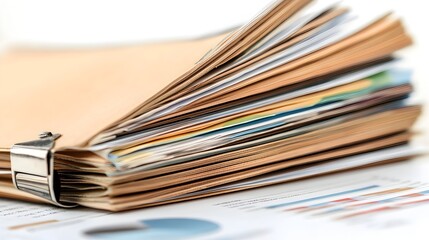 Poster - Stacked pile of business reports financial charts and data analytics graphs on a clean white background ready for text overlay or additional content placement