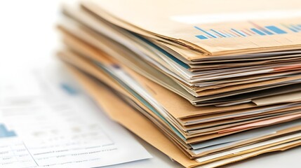 Poster - A stack of business reports with various charts graphs and data visualizations displayed isolated on a clean white background with space for text and copy