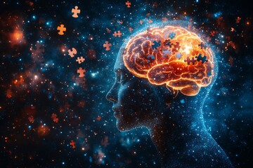 Poster - Digital artwork of a human brain illuminated with fiery colors representing neural activity intelligence and the energetic workings of the mind within a vast cosmic environment