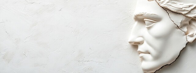 Wall Mural -  A pristine white man's face sculpture on a pristine white wall with an intruding wall crack