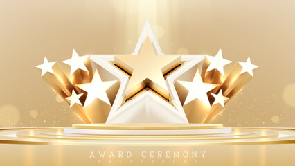 Wall Mural - golden empty podium with star shape 3d elements on back and neon light effect with bokeh decoration.