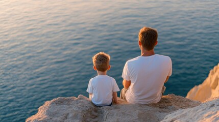 Wall Mural - A father and son sit together on a rocky edge, facing the calm sea as the sun sets, sharing a tranquil moment