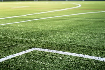 A soccer field with green grass and white lines, ready for a match