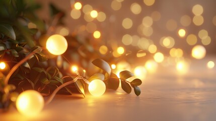 Canvas Print - Festive warm LED holiday lights, 3D rendering, isolated on yellow, close-up, minimal cute design, with space for text