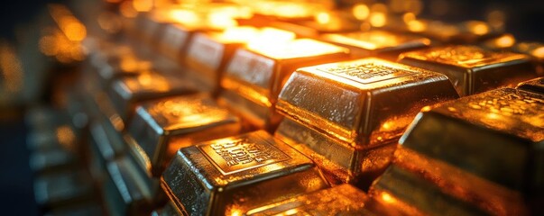 Aufkleber - Close-up view of shiny gold bars stacked elegantly, showcasing their luxury and value in a captivating, gleaming display.