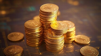 Poster - A close-up view of stacked golden coins symbolizing wealth and prosperity in a financial context.