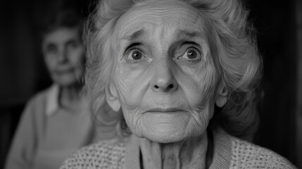 An elderly woman gazes thoughtfully, recalling her childhood as she sits quietly in a dimly lit indoor space