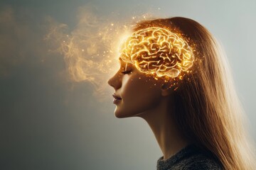 Wall Mural - Abstract digital portrait of a woman with a glowing brain representing the energy creativity and inner light of human thought in a modern surreal environment