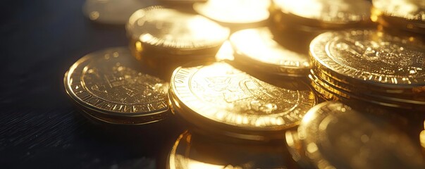 Poster - A close-up view of shiny gold coins glistening in the light, symbolizing wealth and prosperity.
