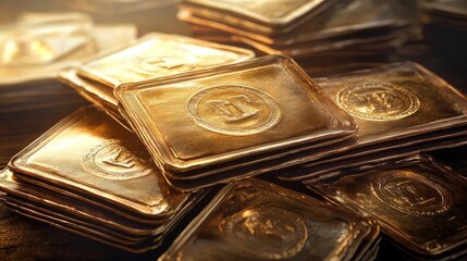 Poster - A collection of shiny gold bars stacked elegantly, symbolizing wealth and prosperity, perfect for financial and luxury themes.
