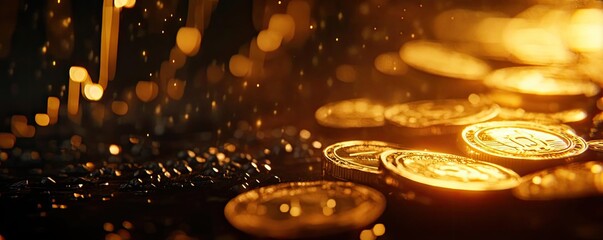 Poster - A close-up shot of shiny gold coins glimmering in soft light, creating an atmosphere of wealth and luxury.
