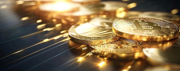 Aufkleber - Close-up of shimmering gold coins reflecting light, representing cryptocurrency's value and innovation in digital finance.