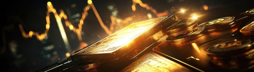 Poster - A captivating image of shining gold bars and coins, radiating wealth and prosperity against a dark, dynamic financial backdrop.