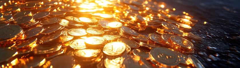 Aufkleber - A dazzling pile of golden coins sparkling with light, symbolizing wealth and abundance, perfect for financial themes.