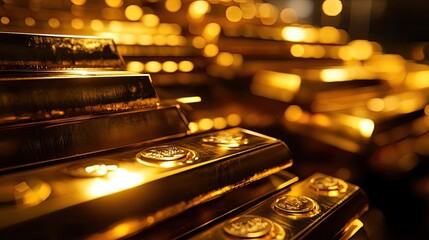 Poster - A close-up view of gleaming gold bars stacked together, showcasing their rich color and luxurious appeal in a secure environment.