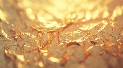 Poster - The reflective surface of crinkled gold foil showcases intricate patterns and glimmers in shifting light, perfect for decorative purposes