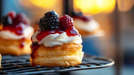 Delicious dessert featuring a fluffy pastry topped with cream, berries, and vibrant jam, perfect for any sweet occasion.