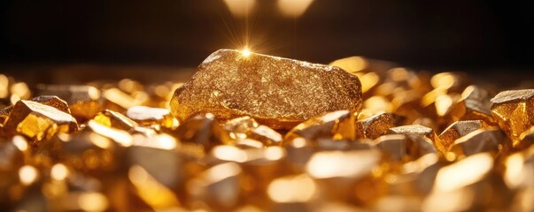 Poster - A stunning close-up of a luminous gold nugget surrounded by sparkling gold pieces, symbolizing wealth and prosperity.