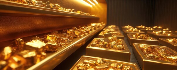 Wall Mural - A close-up view of gleaming gold bars stacked in a secure vault, showcasing wealth and luxury within a modern setting.