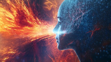 Poster - AI Face Emerging from Fiery Data Stream
