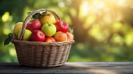 Canvas Print - A wicker basket filled with freshly picked apples of various colors, placed on a wooden table in an orchard with sunlight filtering through the trees