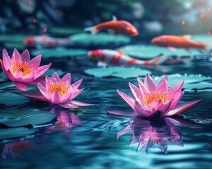 Sticker - Beautiful lotus flowers and koi fish in the water pond.