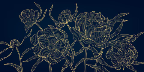 Wall Mural - vector gold on blue line flower pattern, luxury art background. leaves and peonies abstract wallpape