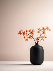 Poster - a minimalist arrangement of black and orange flowers in a sleek black vase, set against a gradient b