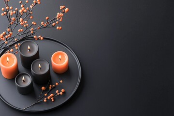 Poster - A dark, elegant floral centerpiece with black and orange flowers, surrounded by candles and subtle Halloween decorations, with a black background and ample copy space.