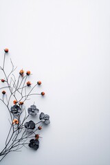 Poster - A minimalist Halloween floral arrangement featuring black and deep purple blooms with subtle orange accents, placed on a stark white surface with a dark, gradient backdrop and ample copy space.