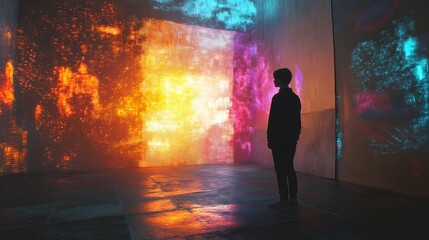 Poster - Person Observing Glowing Digital Art Installation