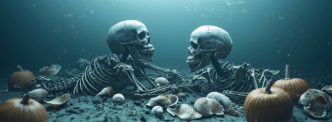 Poster - Underwater skeletons sit on the ocean floor, surrounded by scattered shells and glowing pumpkins, creating a haunting Halloween scene. The image is designed with significant copy space for text or