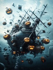 Poster - An underwater scene where haunted pirate ships are surrounded by glowing jack-o'-lanterns and ghostly apparitions, with bubbles rising to the surface. The composition leaves plenty of copy space for