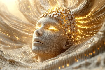 Wall Mural - Serene image of a human head composed of golden light and delicate particles symbolizing purity of thought mindfulness and the connection between the mind and the universe in a transcendent state