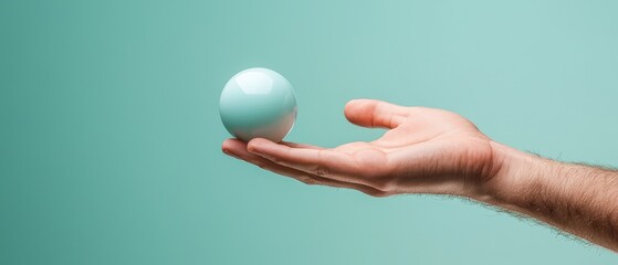  Man's hand holding an egg against teal green backdrop Alternatively, man's hand with egg in front of light blue background