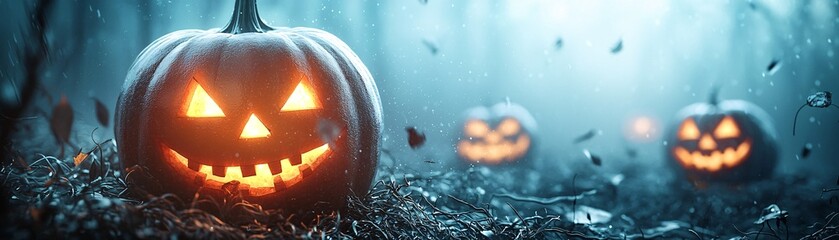 Poster - Floating jack-o'-lanterns cast an eerie glow in a murky underwater scene, surrounded by seaweed and ghostly figures drifting in the depths, with generous copy space for messaging or design.