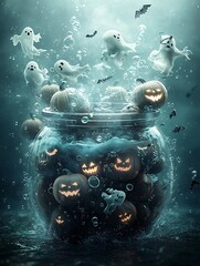 Poster - An underwater witch's cauldron bubbles amidst glowing pumpkins and ghostly shapes, creating a haunting Halloween scene in the depths of the ocean. The minimalist design offers plenty of copy space
