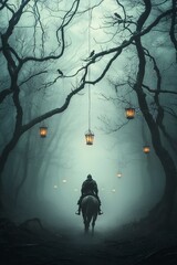 Poster - A medieval knight on horseback, riding through a misty forest with Halloween lanterns hanging from the trees. The image is designed with generous copy space for additional content or messaging.