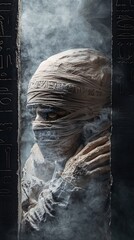 Poster - a haunting image of a mummified figure emerging from an ancient egyptian tomb, with hieroglyphics gl
