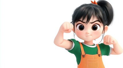 A cute, kawaii girl in vibrant orange overalls and a green tee strikes a strong fighting pose, showing her active spirit.