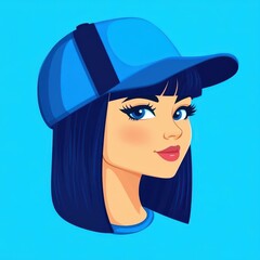 Poster - A cheerful cartoon girl with vibrant blue hair and a cap, set against a minimalist blue background filled with shapes.