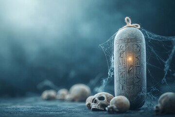Poster - a haunting image of an ancient egyptian amulet glowing in the dark, surrounded by halloween decorati