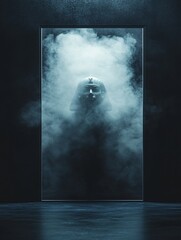 Poster - An Egyptian-themed Halloween setup with a ghostly pharaoh figure emerging from the shadows, set against a dark, foggy background. The image is designed with generous copy space for text or branding.